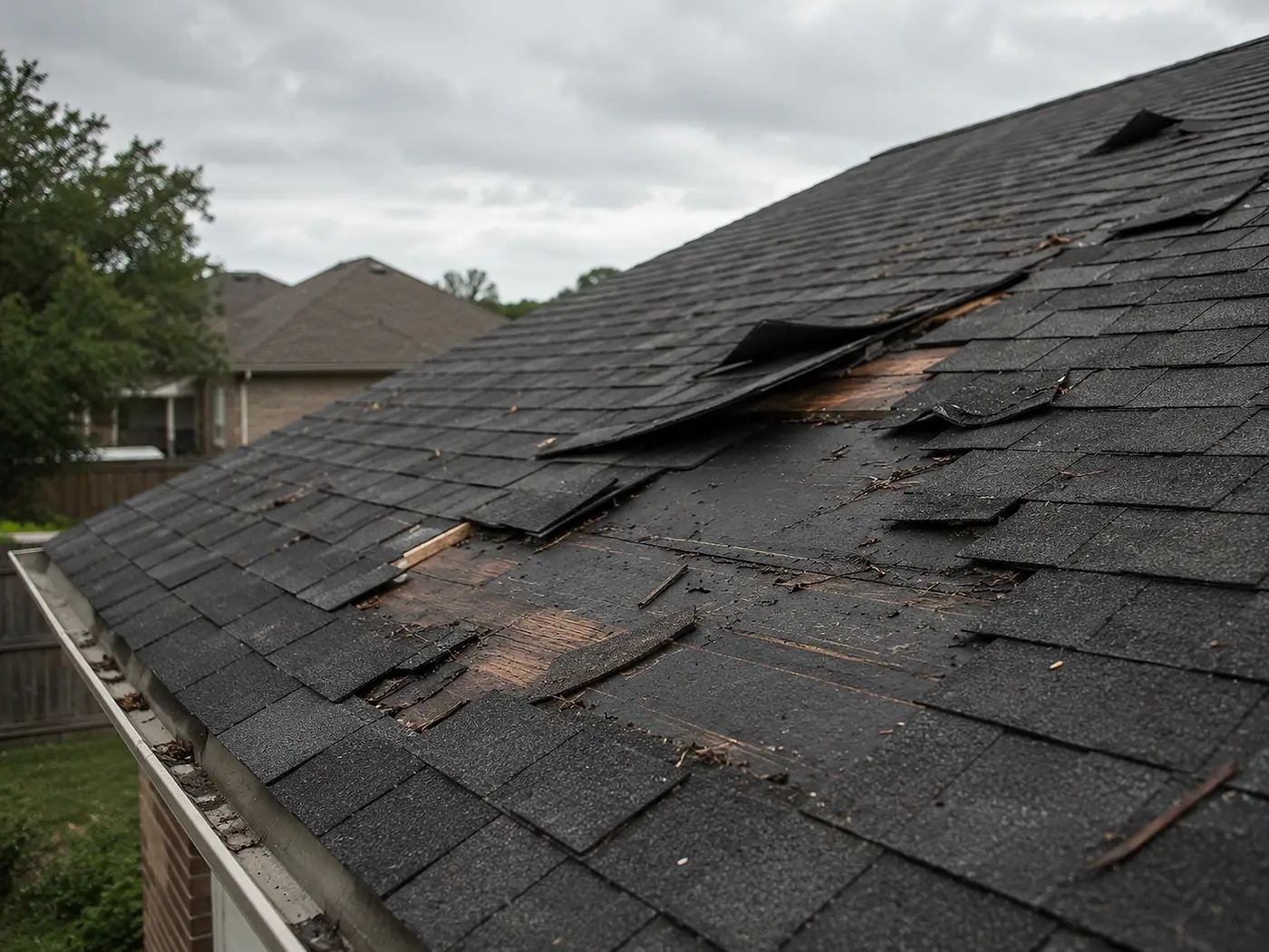 Wind-damaged asphalt shingles lifted and displaced on a residential roof under a grey sky